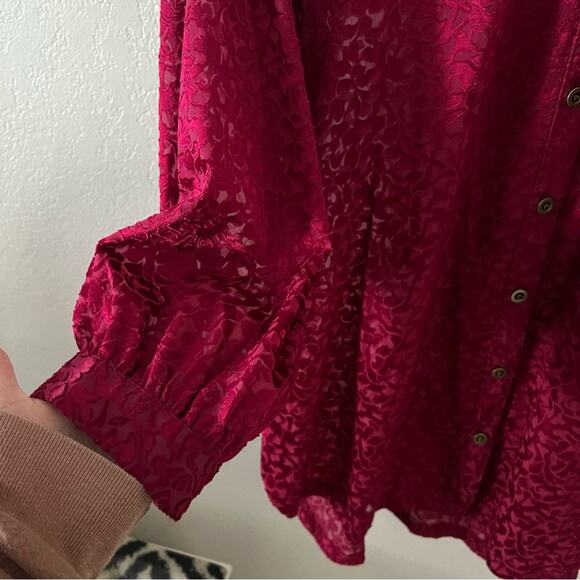 Anthropologie Susanna Red Burnout Velvet Button Front Blouse - Picture 6 of 8